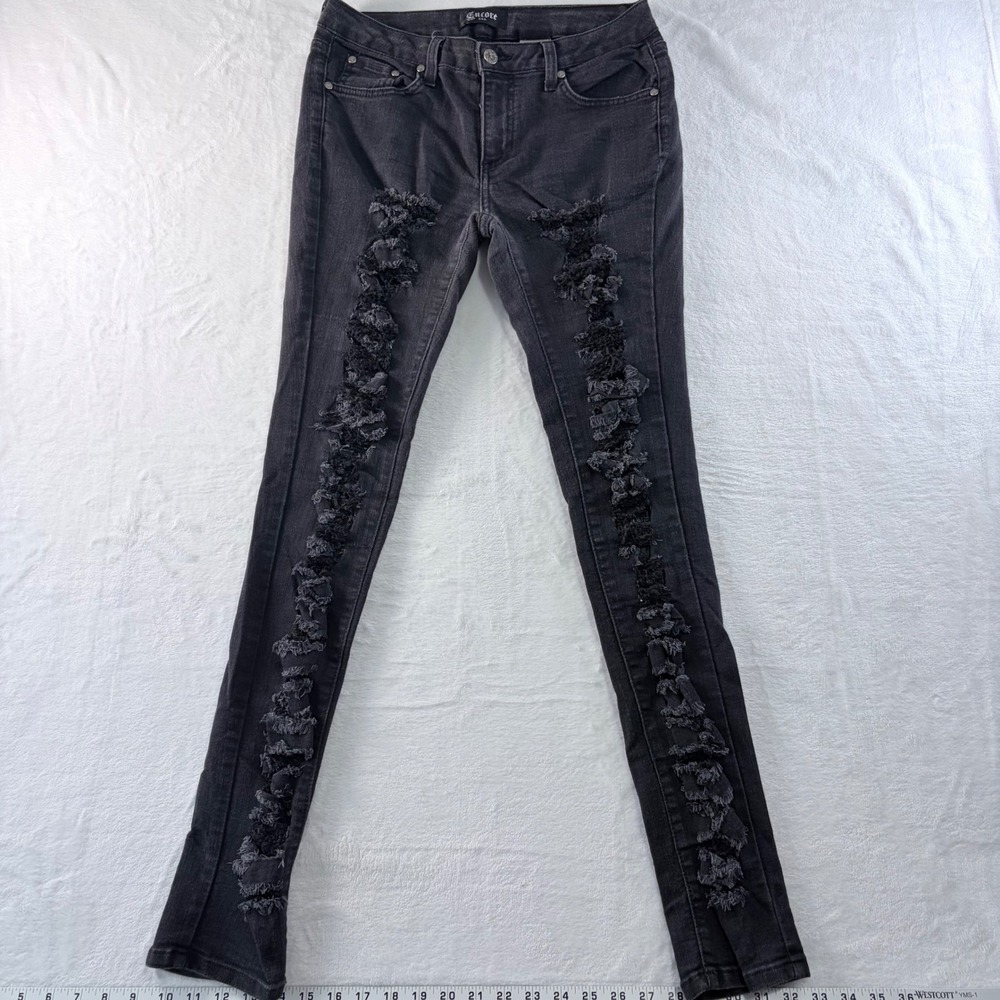 Y2K Distressed Black‎ Jeans Womens Size 11 Grunge Festival Skinny Flare Raw Hem